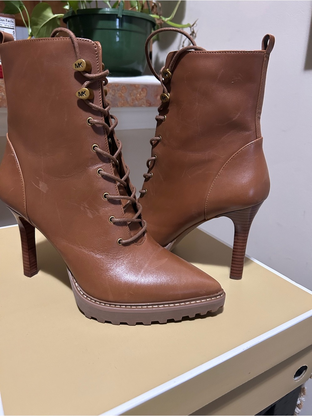 MICHAEL Michael Kors Cognac Lace-Up Leather Heeled Boots